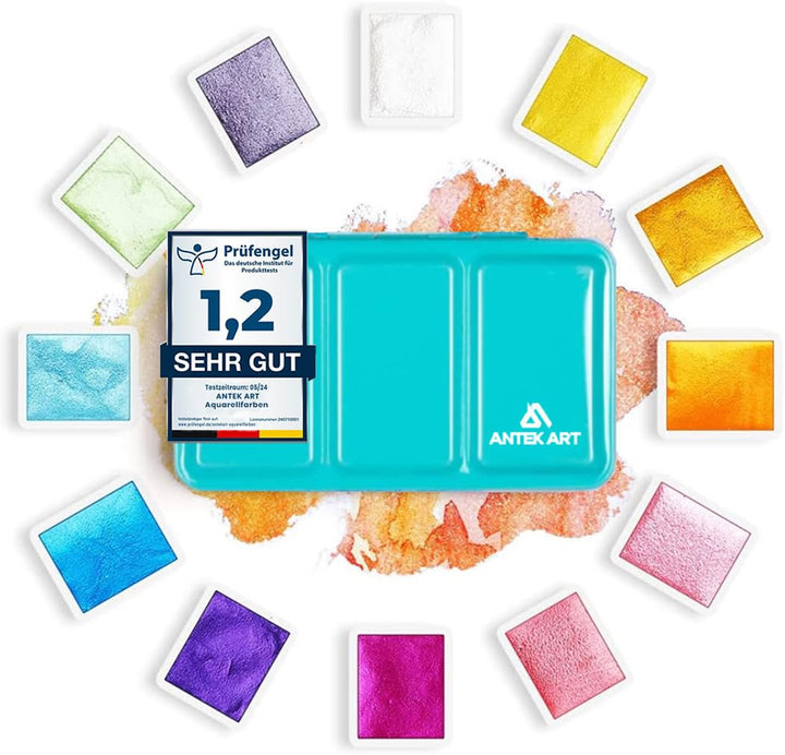 ANTEK ART® Aquarellfarben Set [12x Metallic Glitzerfarben] – Aquarell Set unterwegs im Metallkoffer