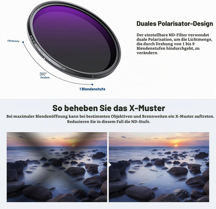 NEEWER 82mm ND2-400 (1-9 Stop) Variabler ND Filter mit Objektivdeckel Trageband Reinigungstuch präzi