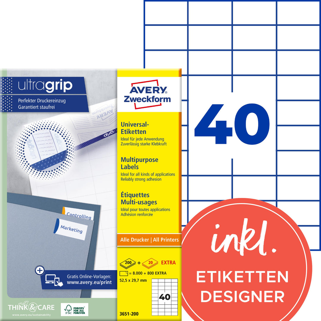 AVERY Zweckform 3651-200 Universal Etiketten (8.000 plus 800 Klebeetiketten extra, 52,5x29,7mm auf A