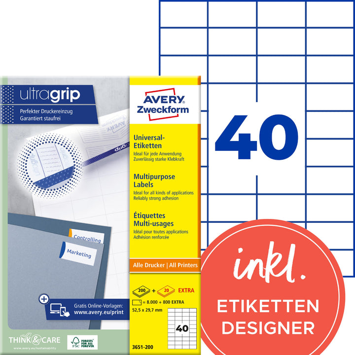 AVERY Zweckform 3651-200 Universal Etiketten (8.000 plus 800 Klebeetiketten extra, 52,5x29,7mm auf A