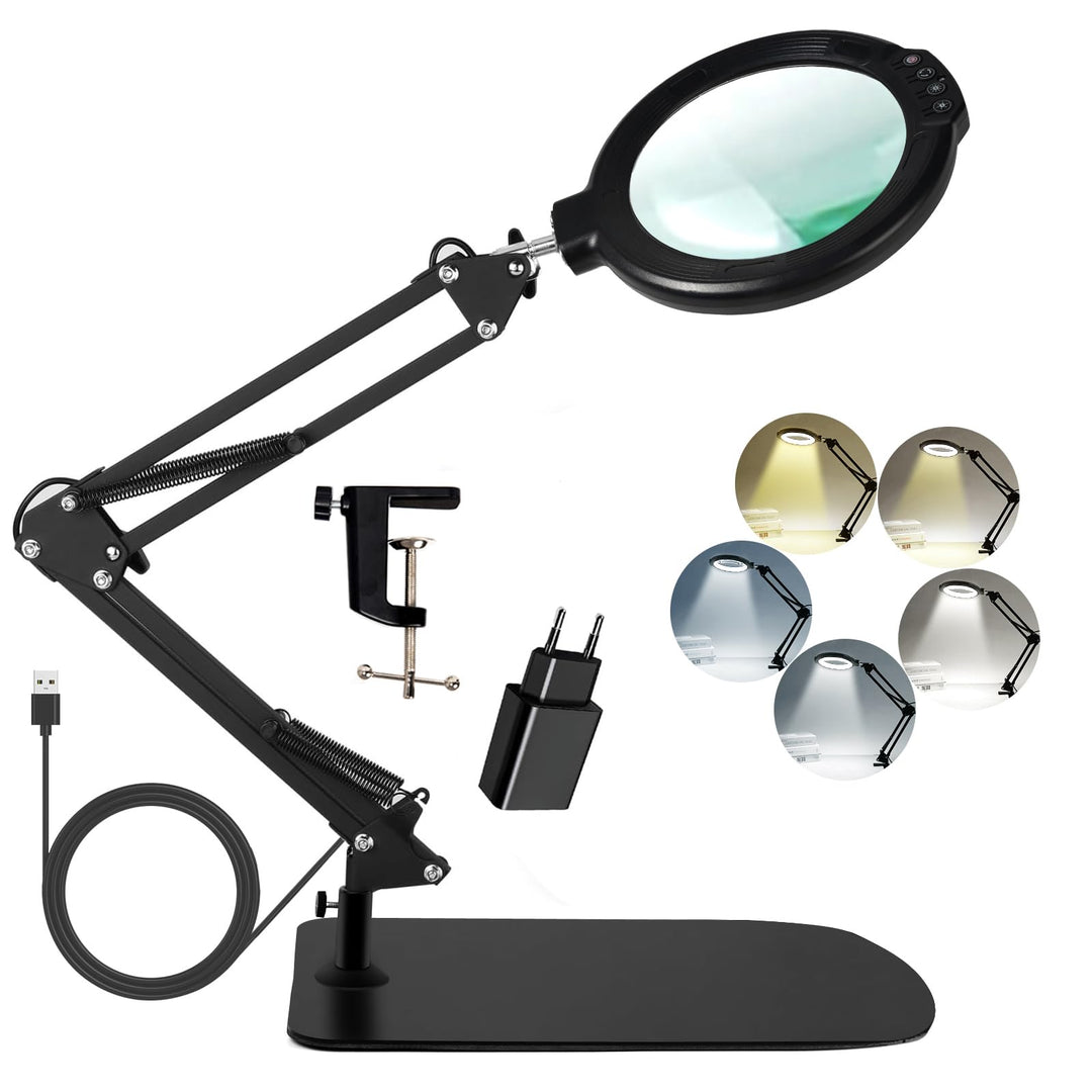 12 Fach Lupe mit Licht und Ständer, 5.2" Lupe mit 5 Farbmodi 10 dimmbare Helligkeit, 2-in-1-Schreibt