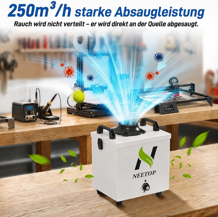 100W Lötrauchabsaugung mit 250m³/h Saugkraft, H13 HEPA &amp; Aktivkohle Filter zur Staub- und Geruchsred