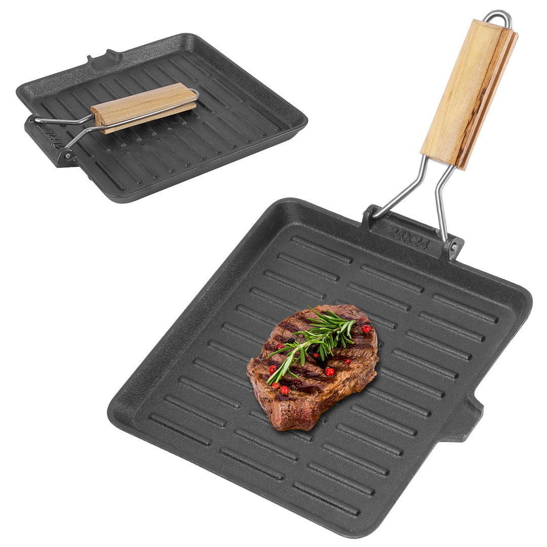 COZHEYSS Steakpfanne Gusseisen Grillpfanne Klappbarer Holzgriff, 24×24cm Grill Pan Induktion Viereck