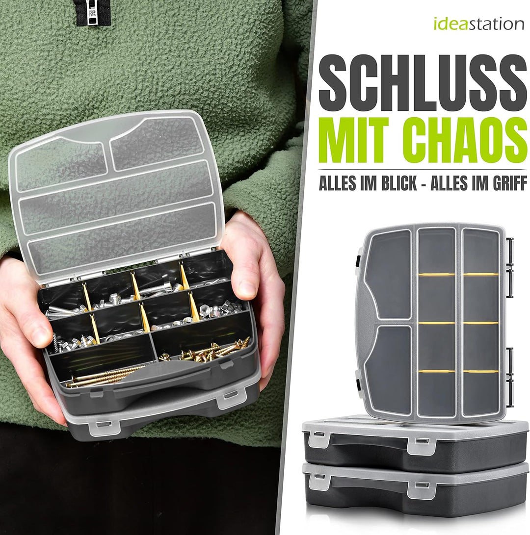 Sortierkasten 3 Stück / 19 x 15 cm - anthrazit - Organizer Box mit transparentem Deckel - Sortierbox