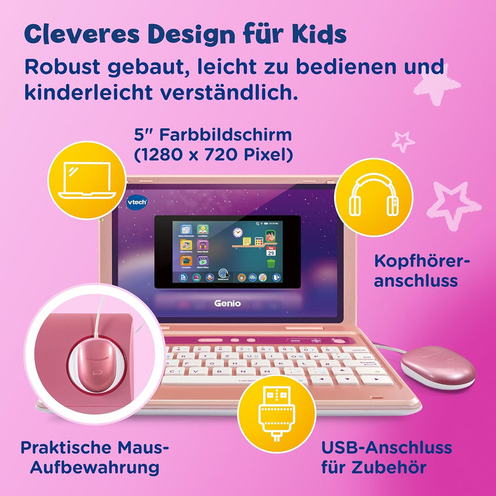 Vtech Genio Lernlaptop pink – Lerncomputer mit Internetzugang, Textprogramm und Lerninhalten zu Buch