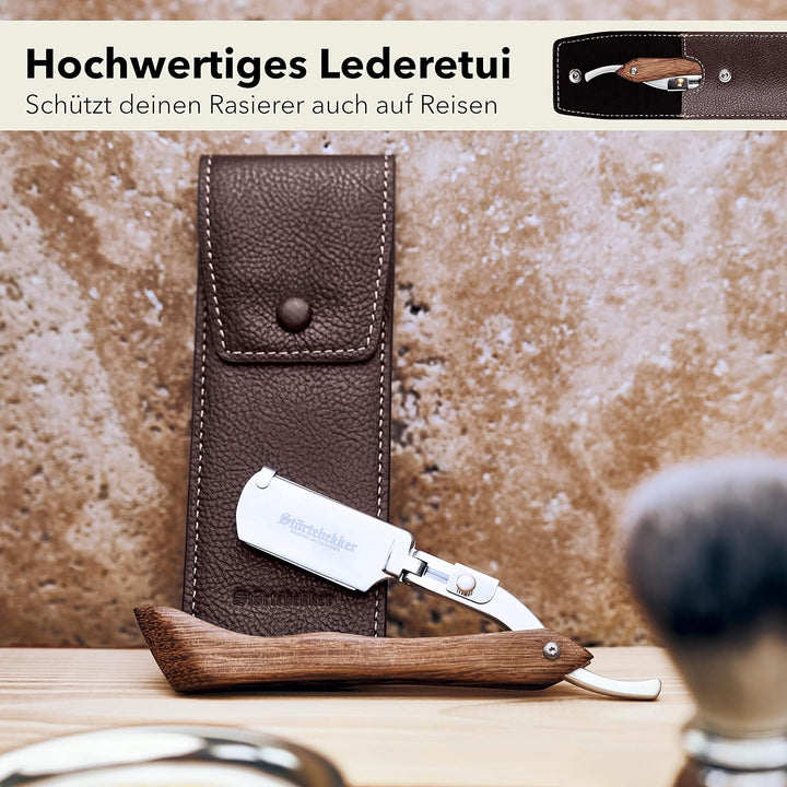 Störtebekker® Rasiermesser mit Holzgriff im handgefertigten Lederetui inkl. Alaunstift - inkl. Rasur