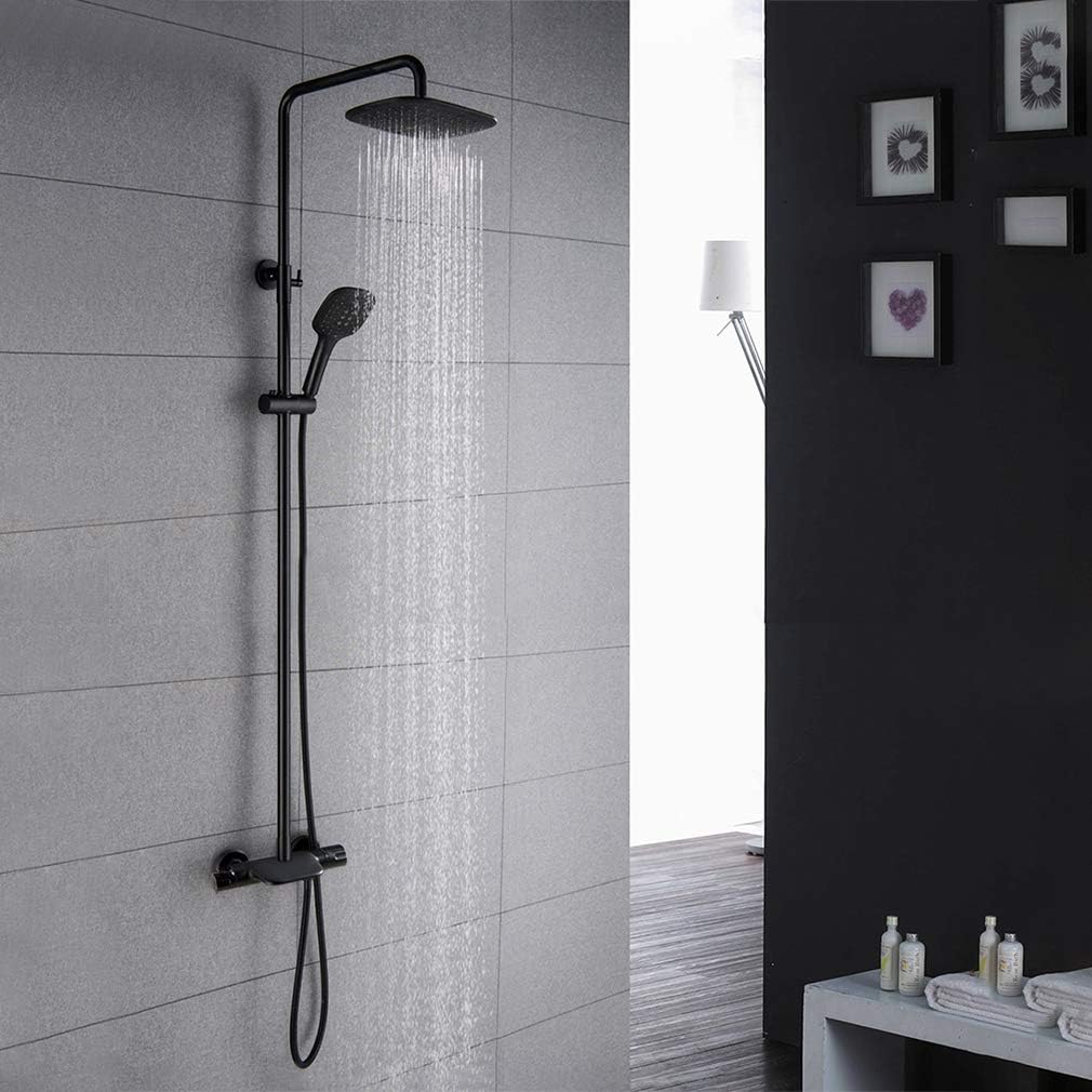 PHASAT Duschsystem Schwarz Thermostat Duscharmatur Duschset Regendusche mit 3 Funktion Handbrause un