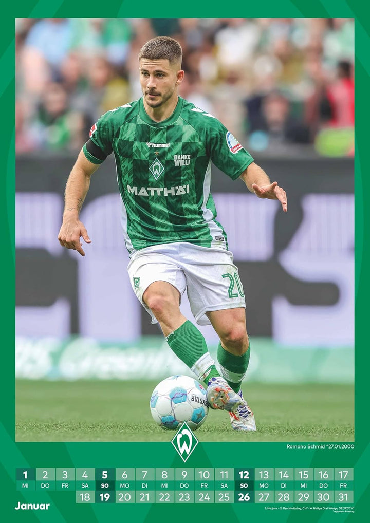 N NEUMANNVERLAGE - Werder Bremen 2025 Wandkalender, 29,7x42cm, Fussball-Kalender mit Motiven der Sta
