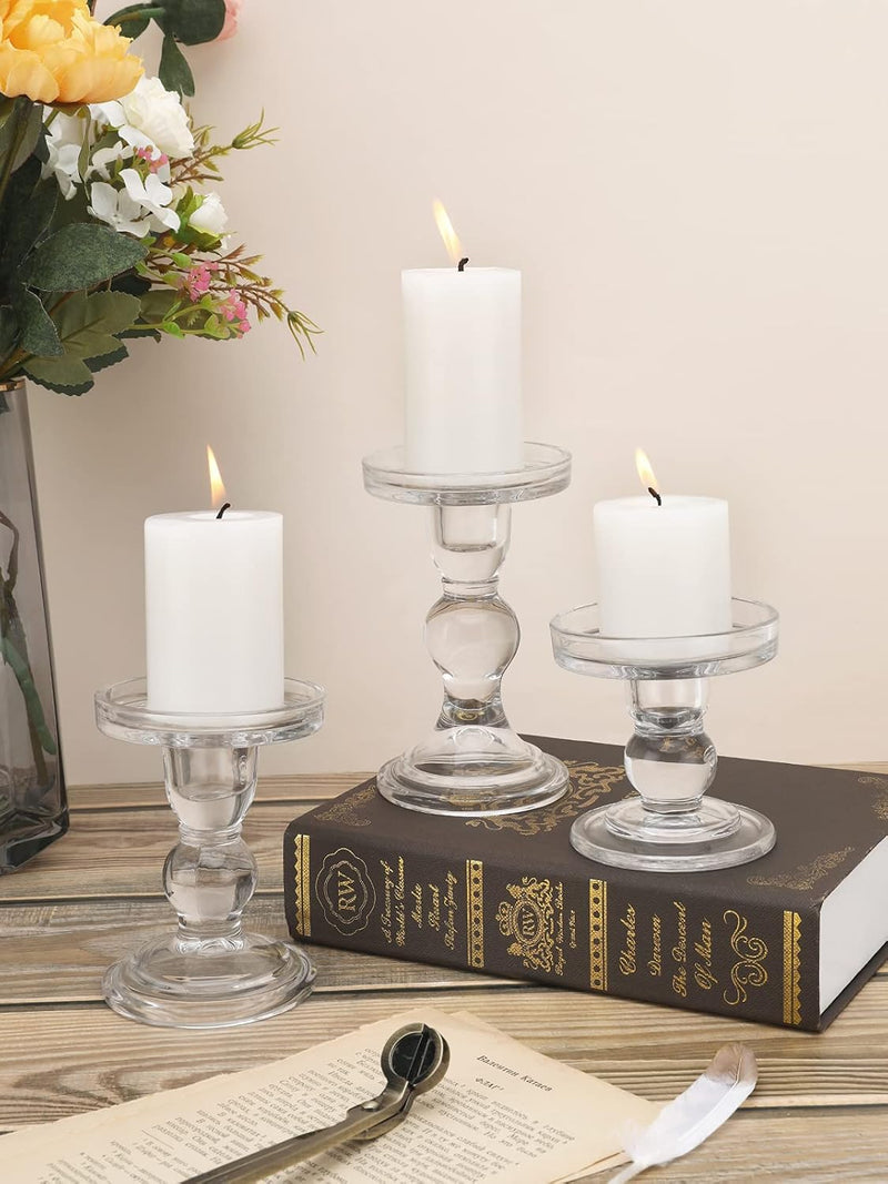 Lewondr Glas Kerzenhalter, 3 Stücke Kristallklar Kerzenständer in Unterschiedlicher Grösse, Elegant