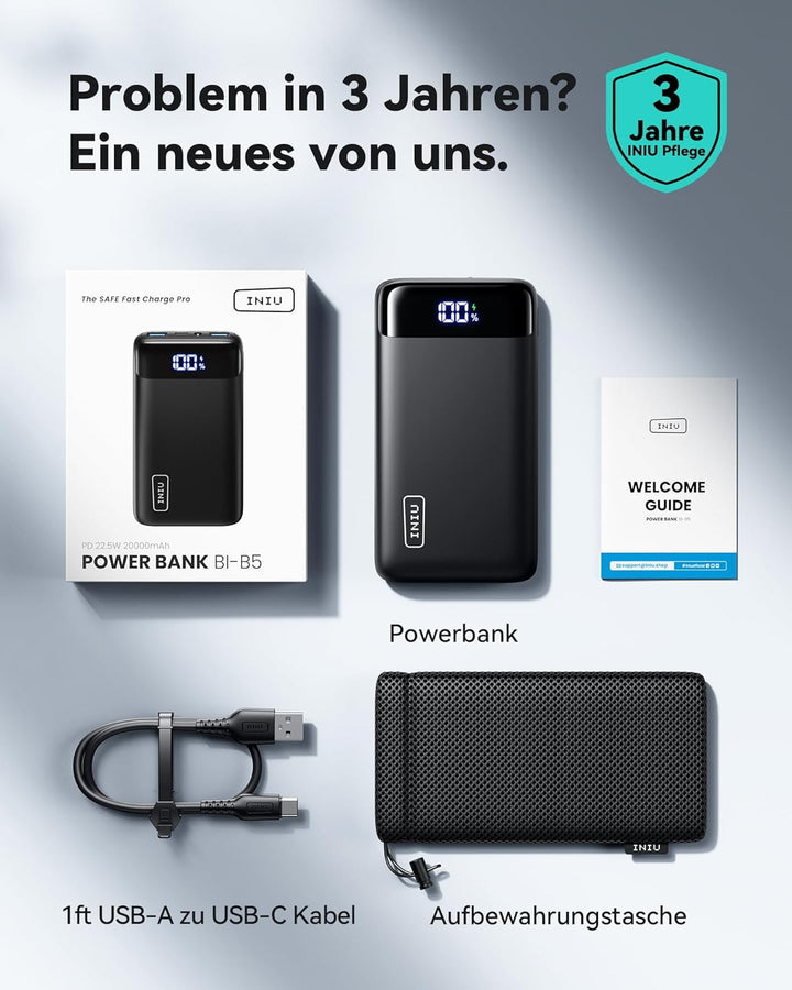 INIU Power Bank, 22,5W Powerbank klein Aber stark 20000mAh (USB C Input&Output), 3A USB C PD3.0 QC4.
