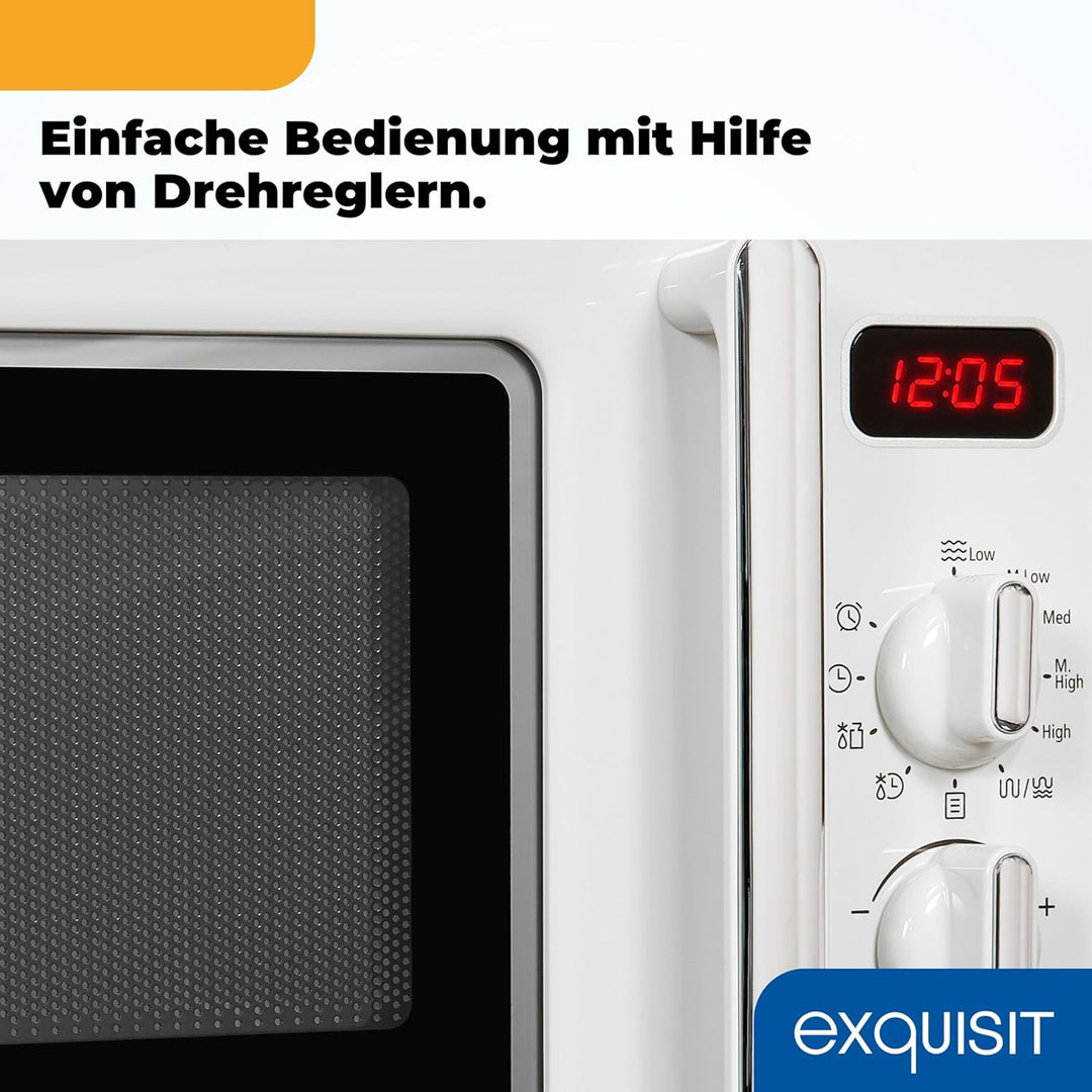 Exquisit Retro-Mikrowelle 700 Watt, 25,5 cm Drehteller, 1000 Watt Grill, 20L, 5 Leistungsstufen, Tim