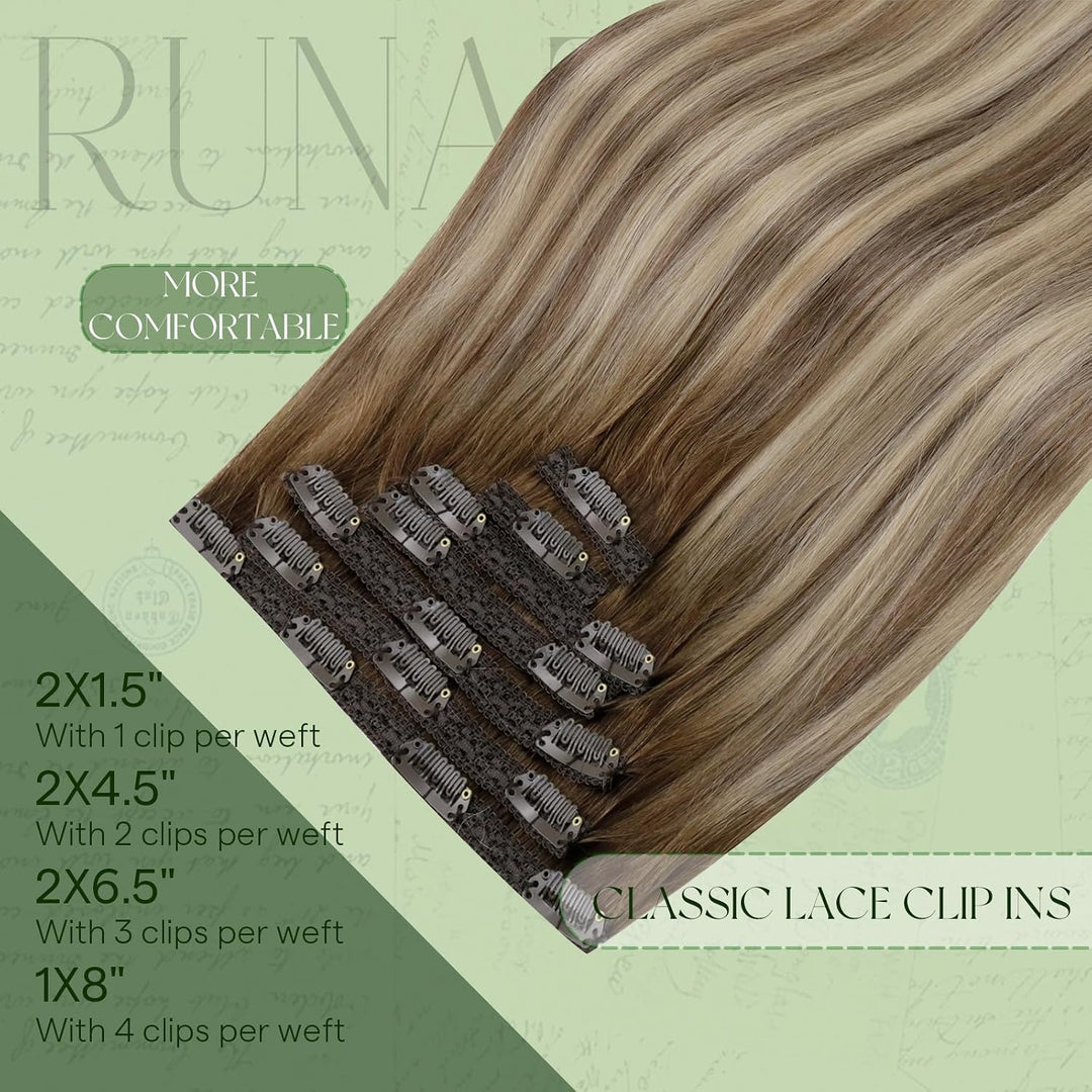 RUNATURE Clip Extensions Echthaar Balayage Braun Blond Glatt Clip in Extensions Echthaar Balayage Br