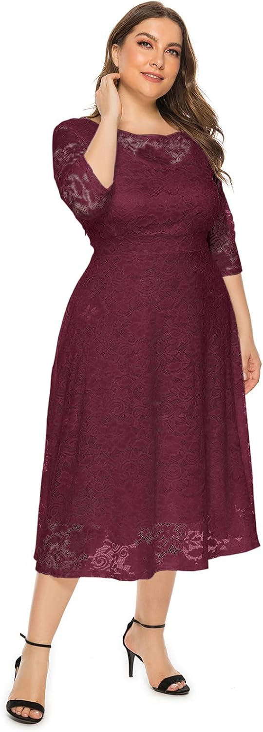 Odizli Damen Elegant 3/4 Ärmel Spitzenkleid Hochzeit Festlich Coctailkleid Abendkleid Grosse Grössen