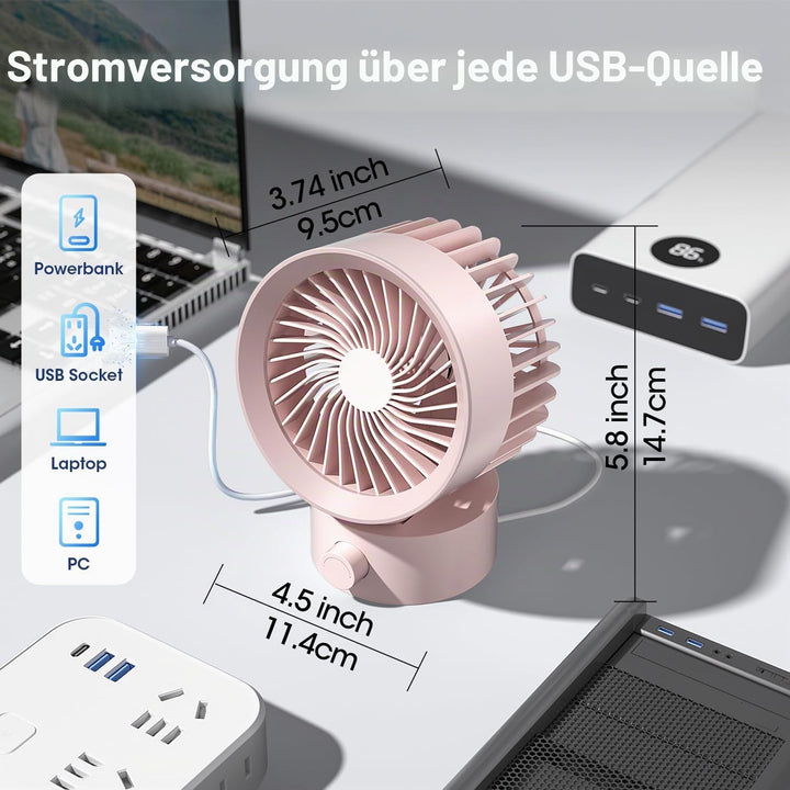 USB Ventilator Leise – Mini Tischventilator mit Stufenloser Regelung, Kleiner Schreibtischventilator