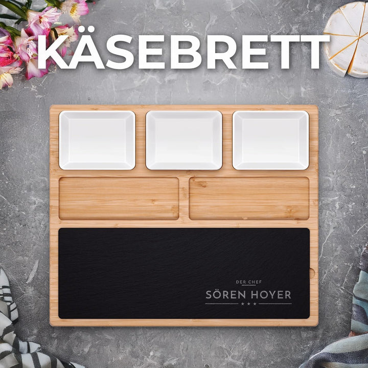 Maverton Servierplatte mit Gravur - Käsebrett mit personalisierter Steinplatte + 3 Keramikschalen -