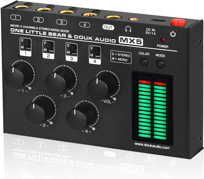 Douk Audio MX5 Mono/Stereo 4-Kanal Audio Mixer Ultra-rauscharmer Line Mixer LED Pegelmesser
