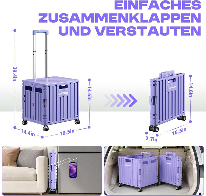 LDHTHOPI Einkaufstrolley klappbar, Violett, 65L, MAX 50KG | Teleskopgriff, 4 zerlegbare drehbare Räd