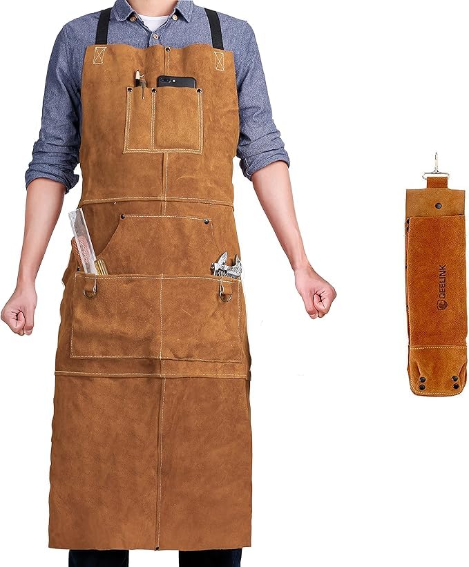QeeLink Schweisserschürze Leder mit 6 Taschen, Lederschürze – Flammhemmende & Hitzebeständige Arbeit
