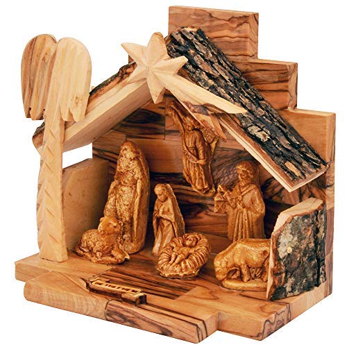 THE JERUSALEM GIFT SHOP SINCE 2004 Olivenholz Krippe Set mit Figuren | Rindendach stabil | Made in B