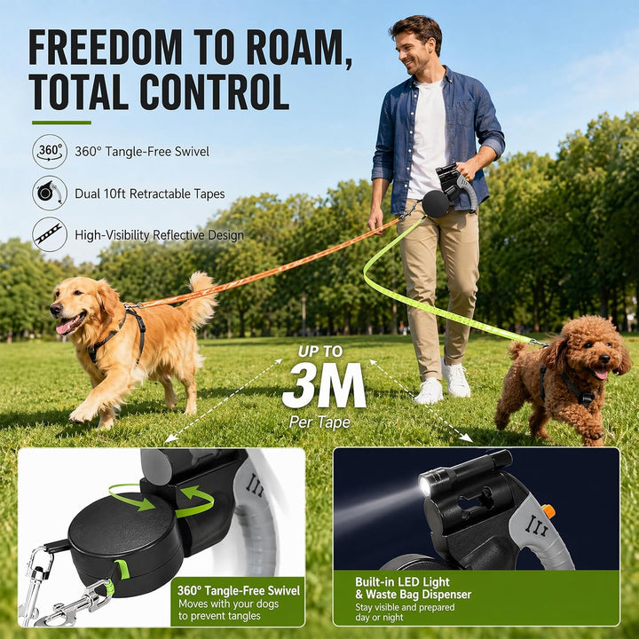 Gohytal Doppelleine 3 Meter für 2 Hunde, Ausziehbare Leine für Hunde mit LED-Licht, 360° Verhedderun