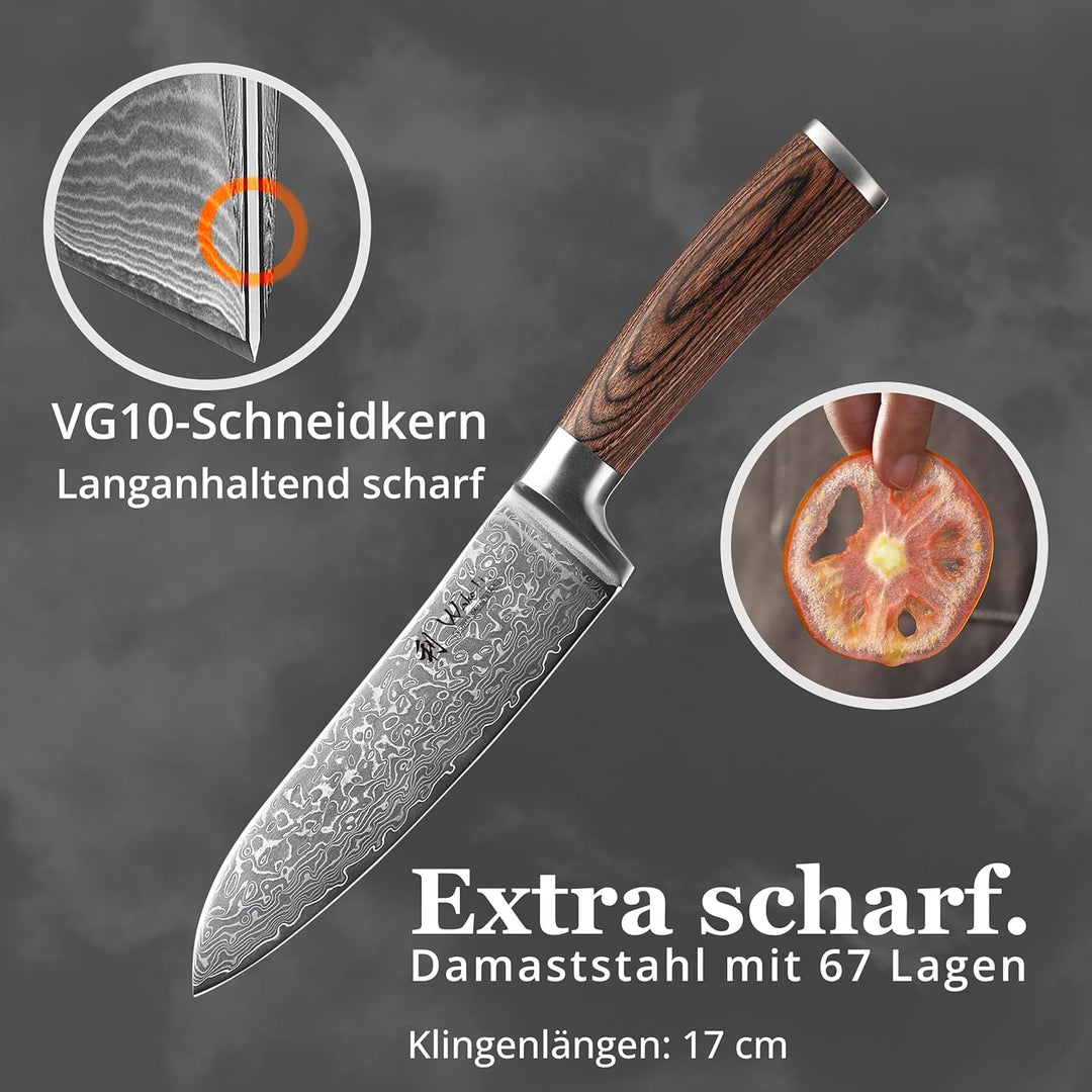Wakoli EDIB Sakura Santoku Messer 17 cm aus 67 Lagen Damaststahl mit VG10 Kern – Scharfes Damast Koc