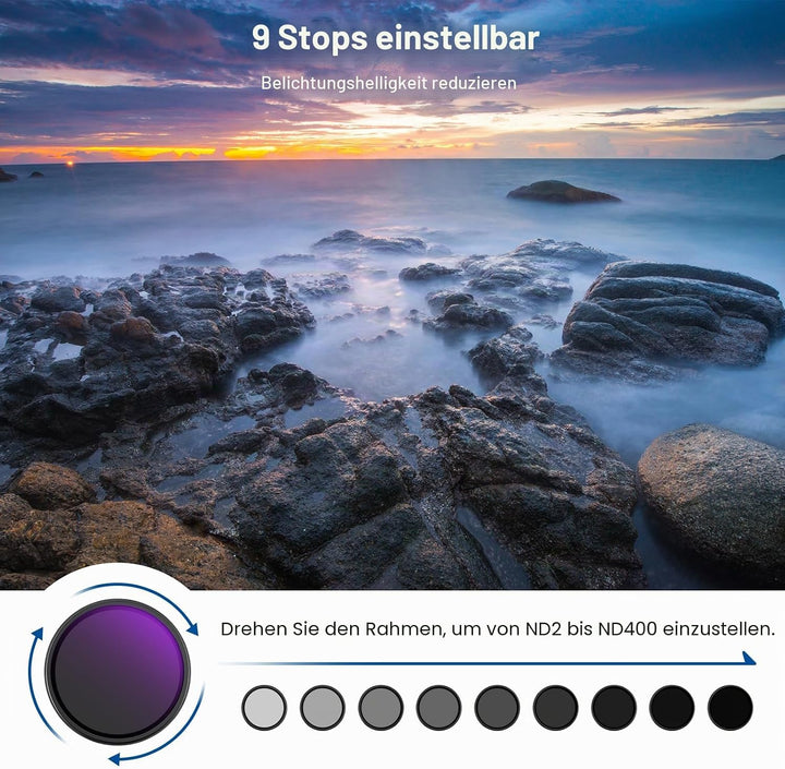 NEEWER 58mm Variabler ND Filter ND2-400 (1-9 Stop) mit 3X Reinigungstuch, Einstellbarer, drehbarer G