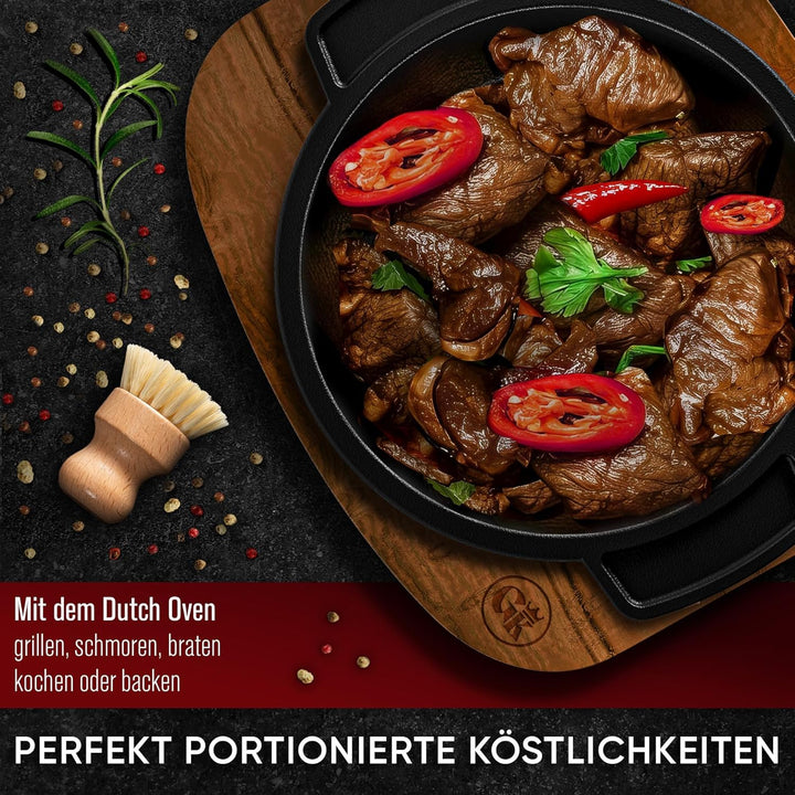 Dutch Oven Set Mini mit Holz-Untersetzer – 4x 300 ml Gusseisen Mini Topf mit Deckel–eingebrannter Mi