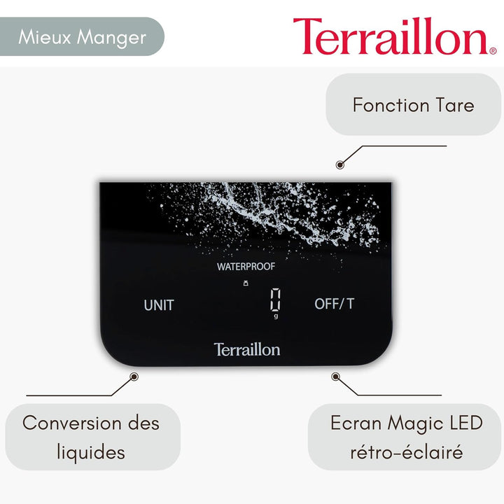 TERRAILLON - AQUA RESIST – Elektronische Küchenwaage, wasserdicht IP67, Display Magic LED mit Hinter
