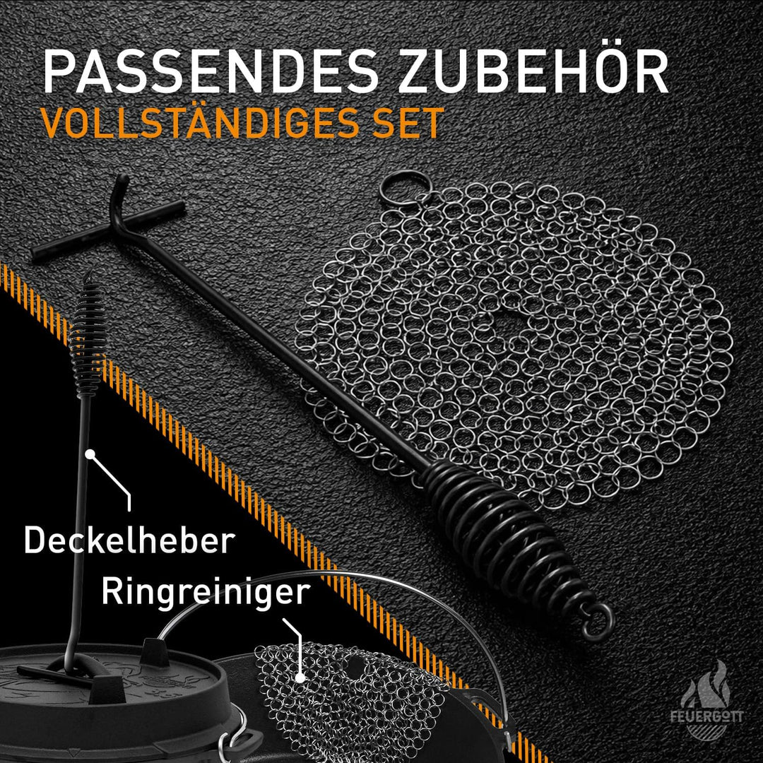 Dutch Oven Set 6,5 l ohne Füsse Gusseisen Feuertopf Schwarz mit Deckelheber Ringreiniger Transportta