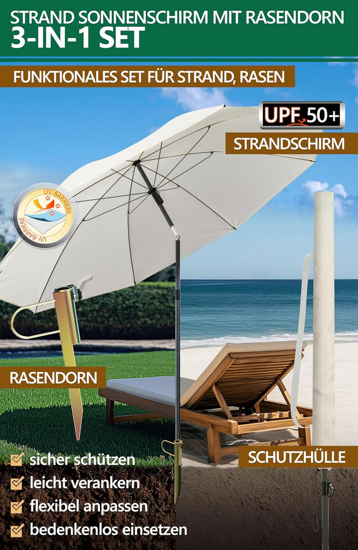4smile Sonnenschirm Strand SunnyJoy Modern im 3er-Set, Beige - Strandschirm windfest stabil 180 cm +