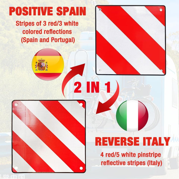 2 in 1 Warntafel Italien und Spanien, 50 x 50 cm warntafel fahrradträger aus Aluminium mit 4 Spannse