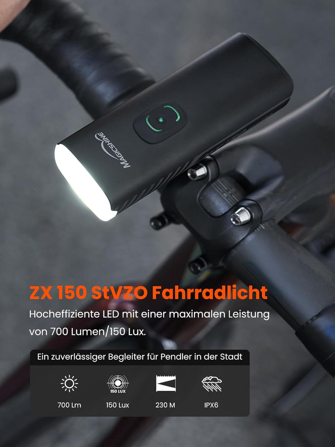 Magicshine ZX150 | LED Fahrradlicht 150 Lux | StVZO zugelassenes, akkubetriebenes Vorderlicht mit 2