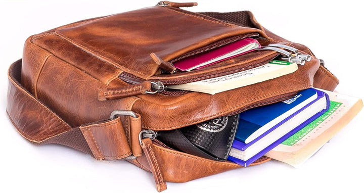 ALMADIH Leder Umhängetasche FINN Premium Rindsleder – Kompakte Messenger Schultertasche Freizeittasc