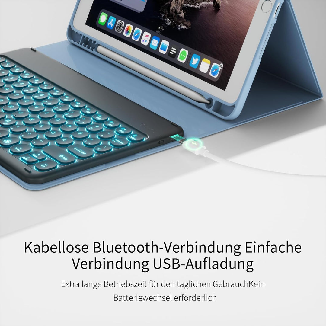 Hülle mit Tastatur für iPad 9/8/7 Generation (2021/2020/2019) 10.2 Zoll Soft TPU Rückschalemit Stift