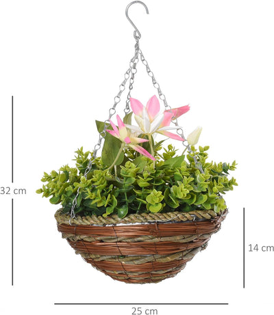 Outsunny 2 Hängepflanze Clematis im Topf Künstliche Pflanzen mit Haken PE Rosa+Grün 30 x 30 x 32 cm