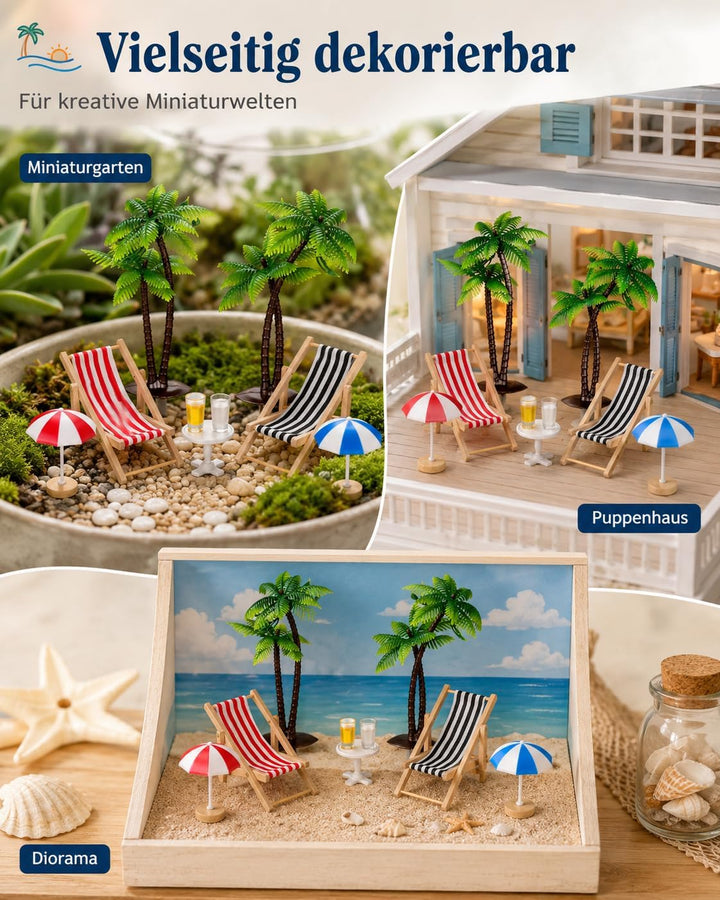 Hemobllo 9 Stück Miniatur Strand Deko Set, Mini Liegestuhl Palme Sonnenschirm Zubehör für DIY Sommer