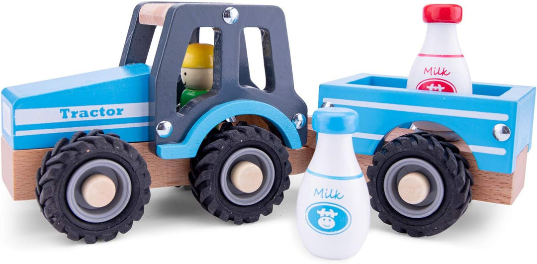 New Classic Toys - 11942 - Spielfahrzeuge - Traktor mit Anhänger und Milchkannen, Blau Traktor Blau,