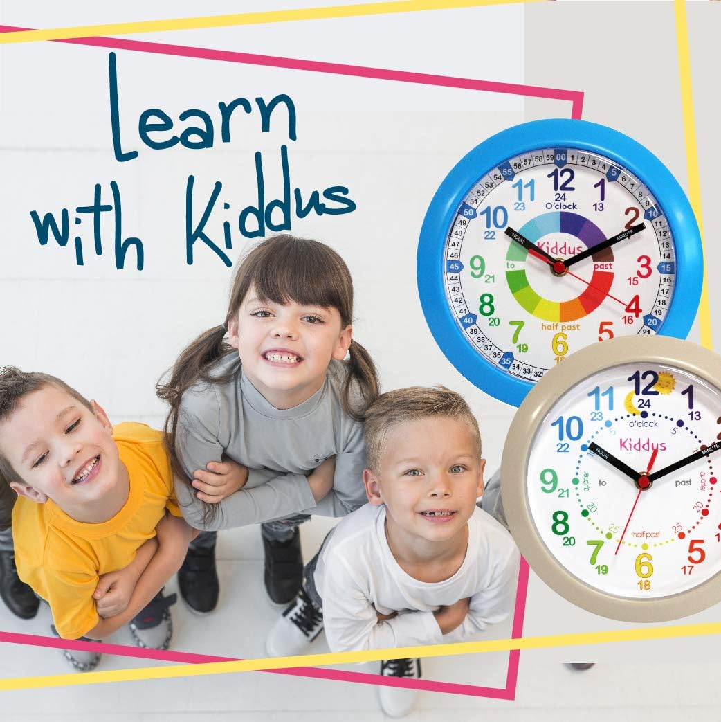 Kiddus Wanduhr für Kinder. Analoger Zeitlehrer mit Zeitlernübungen. Stilles Uhr. Viele Sprachen. Eng