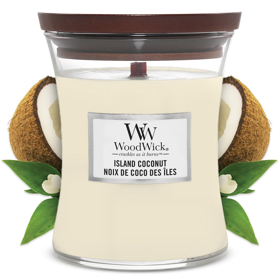 WoodWick mittelgrosse Duftkerze im Sanduhrglas mit knisterndem Docht | Island Coconut | Brenndauer b