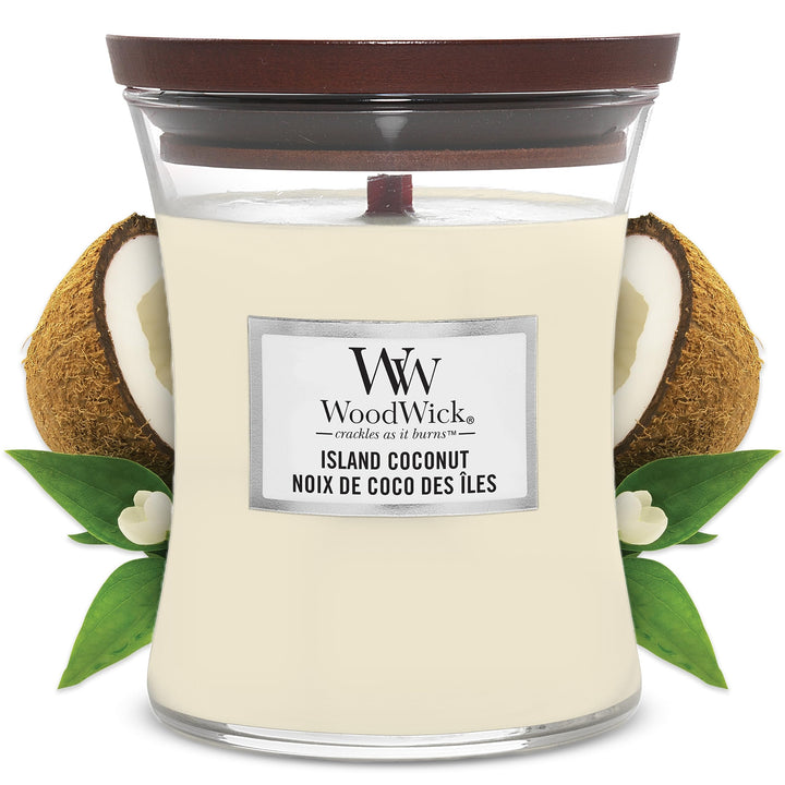 WoodWick mittelgrosse Duftkerze im Sanduhrglas mit knisterndem Docht | Island Coconut | Brenndauer b