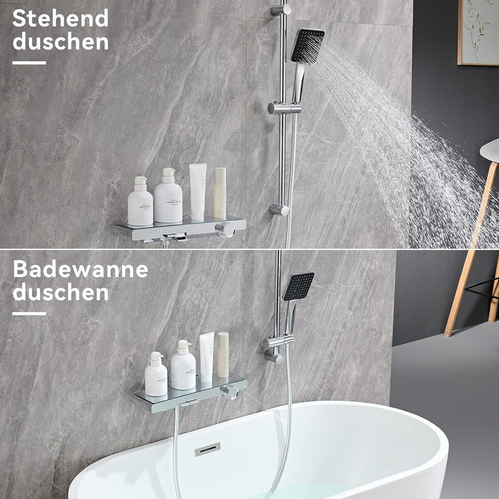 Auralum Duschsystem mit Badewannenarmatur und Ablage, Innovatives Klaviertasten-Design Duschset, Han