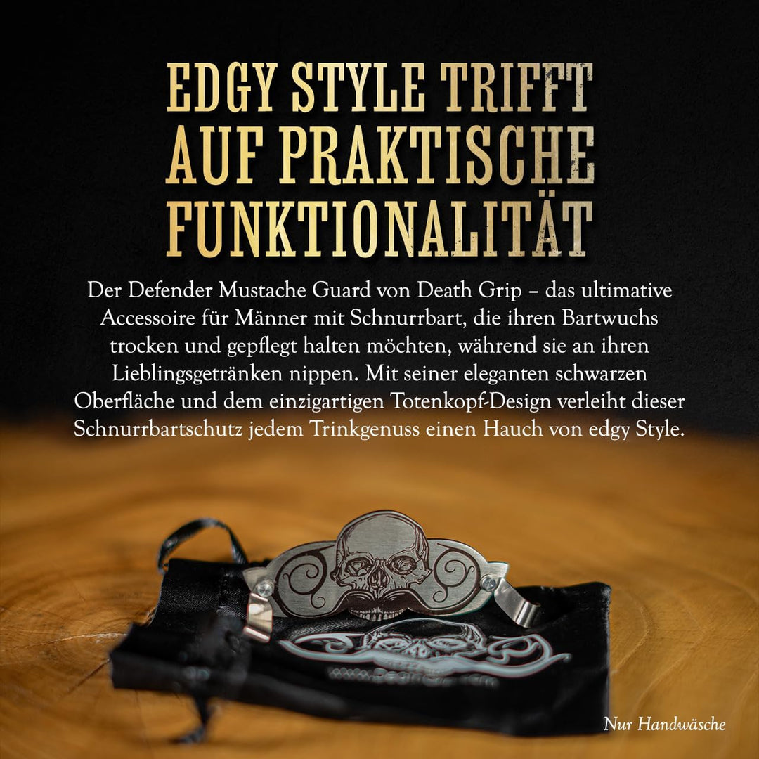 Death Grip Schnurrbartschutz, Edelstahl-Schädel-Clip für Kaffee, Bier, Wein, Gläser, Tassen, tragbar