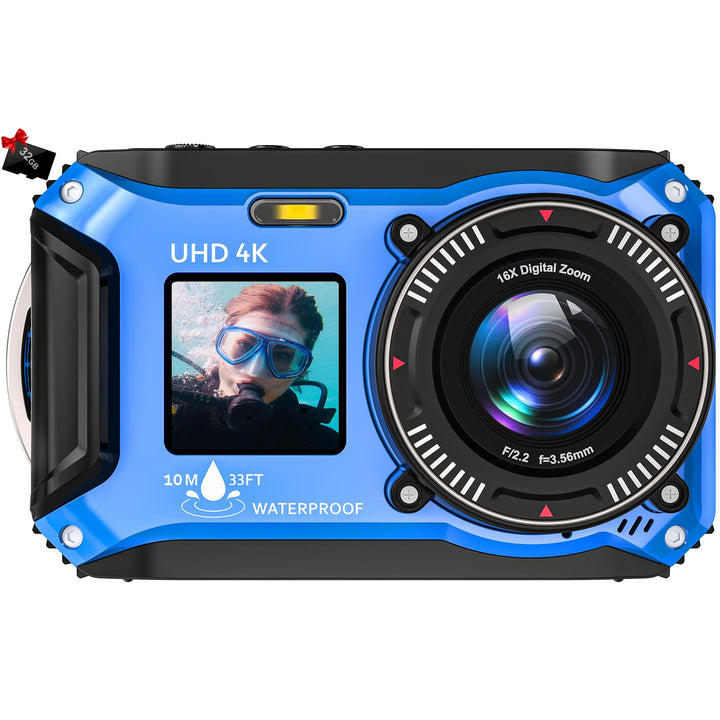 Digitalkamera, Yixinxin 4K 64MP 33FT UHD Unterwasserkamera zum Schnorcheln mit 32GB Karte Dual-Scree