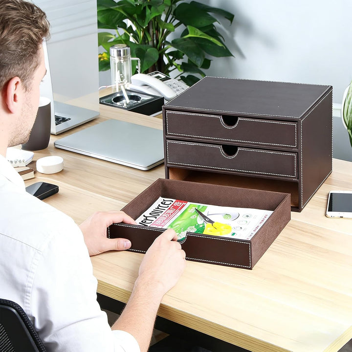 Desktop Leder Schreibtisch Schubladenbox mit 3 Schubladen a4,Aufbewahrungsbox,PU-Leder Schreibtisch