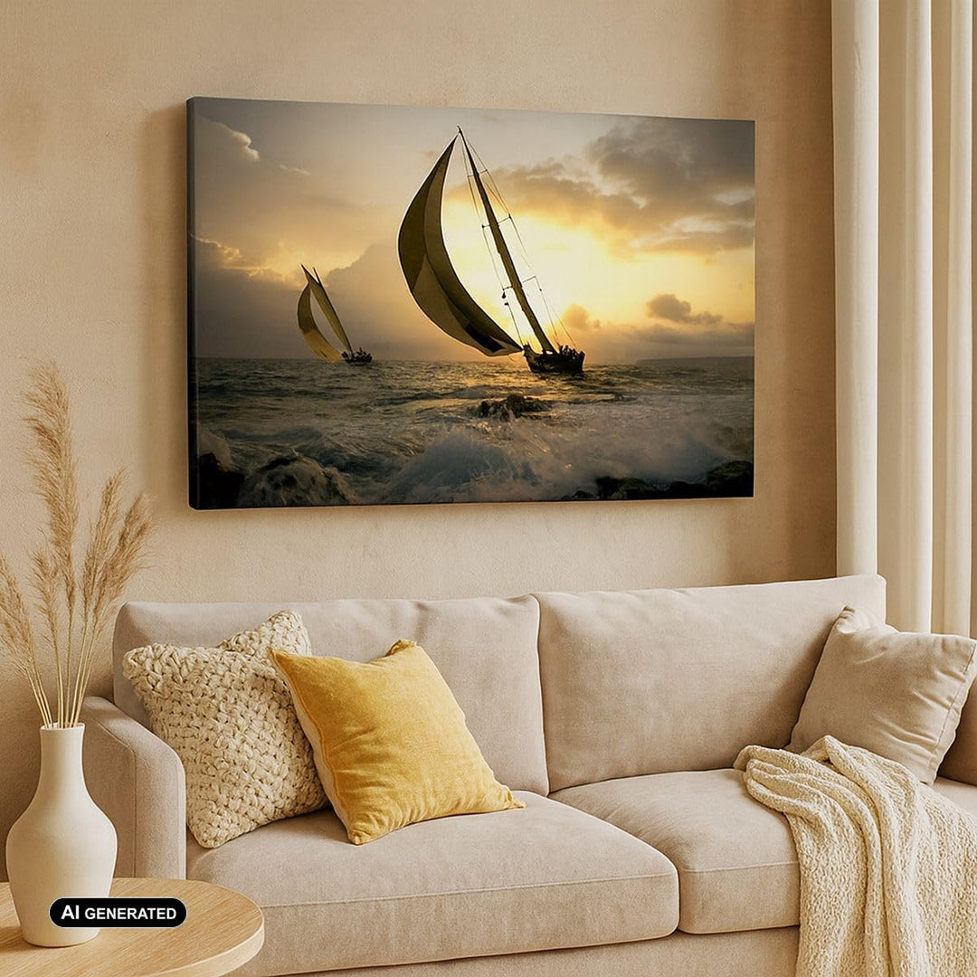 Bilder auf Leinwand 100x70cm Leinwandbild Schiff Sonnenuntergang Sonne Landschaft Gross Wanddeko Bil