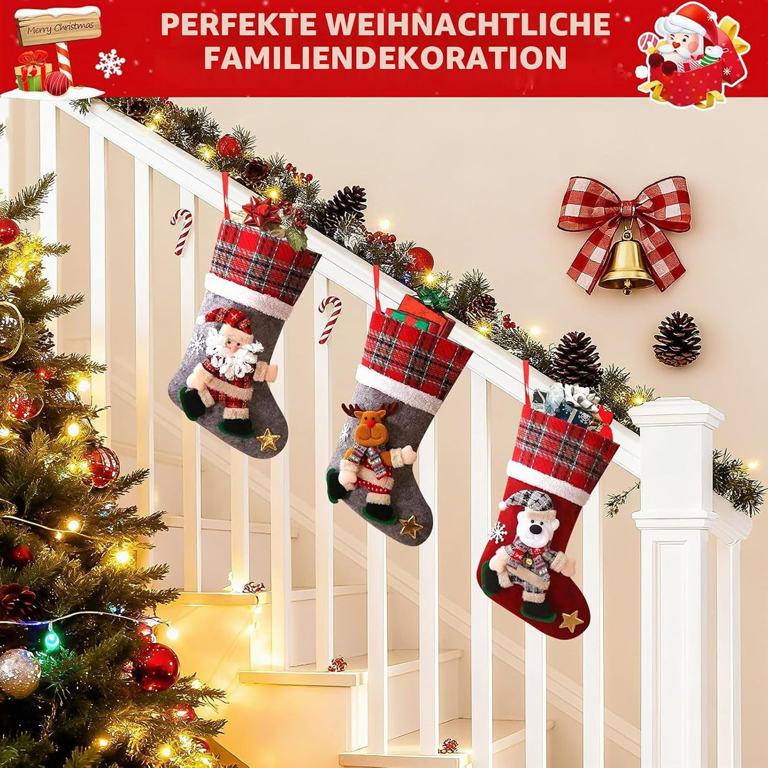 Nikolausstrumpf 3er Set, Personalisiert Grosser 3D Weihnachtsstrumpf, Nikolausstiefel zum Befüllen B