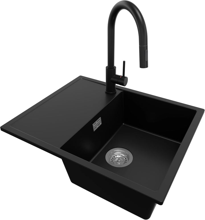 Granitspüle Schwarz 62x50 cm, Spülbecken + Ablauf-Set + Küchenarmatur 9050, Küchenspüle für 45er Unt
