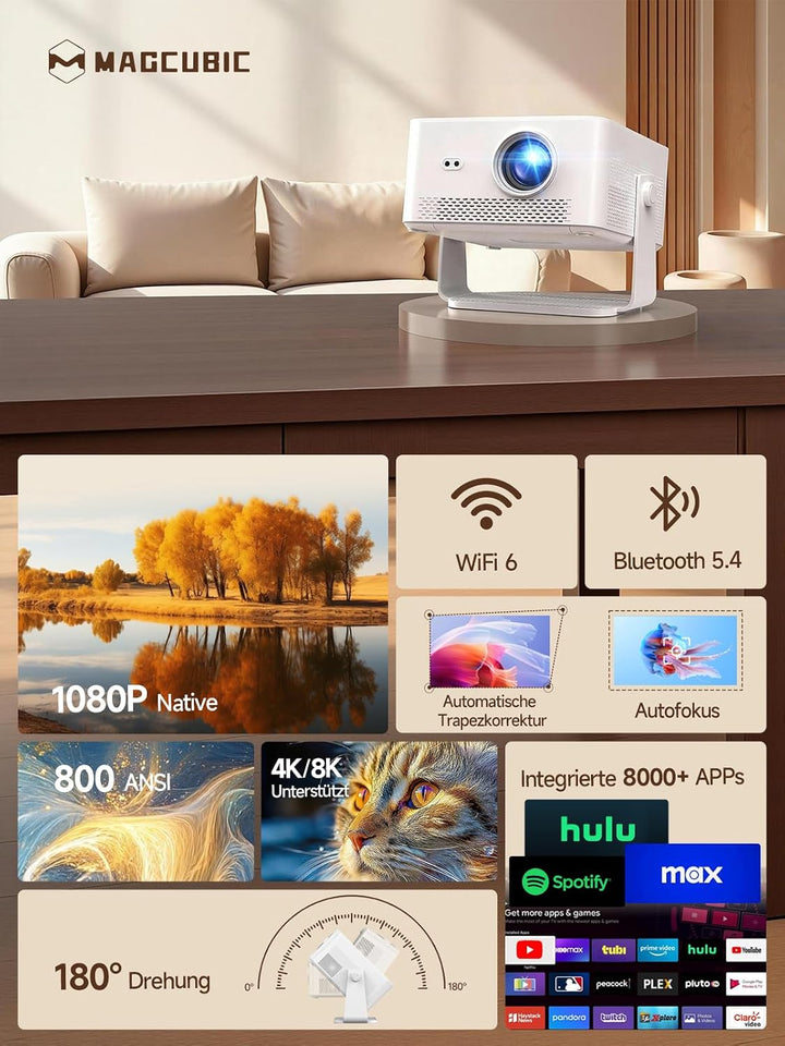 【Android 14 &amp; 800 ANSI】 Magcubic Mini Beamer 4K 8K Unterstützt, Smart Projektor Native 1080P mit WiF