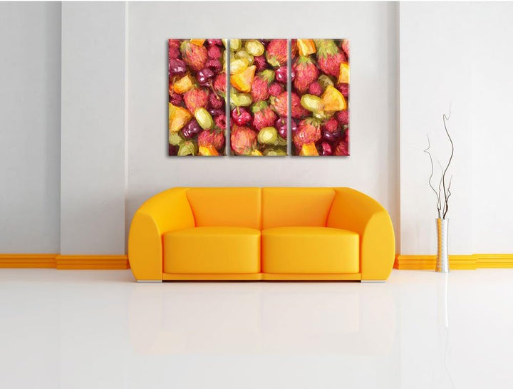 Pixxprint Fruits: Cherry, Strawberry, Orange, Grapes Pinsel Effekt 3-Teiler Leinwandbild 120x80 Bild