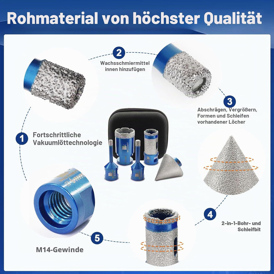 Diamantbohrer Fliesenbohrer Set - 6/8/35mm Diamantbohrer & 25mm Diamant Fingerfräser - 50mm Fasenboh